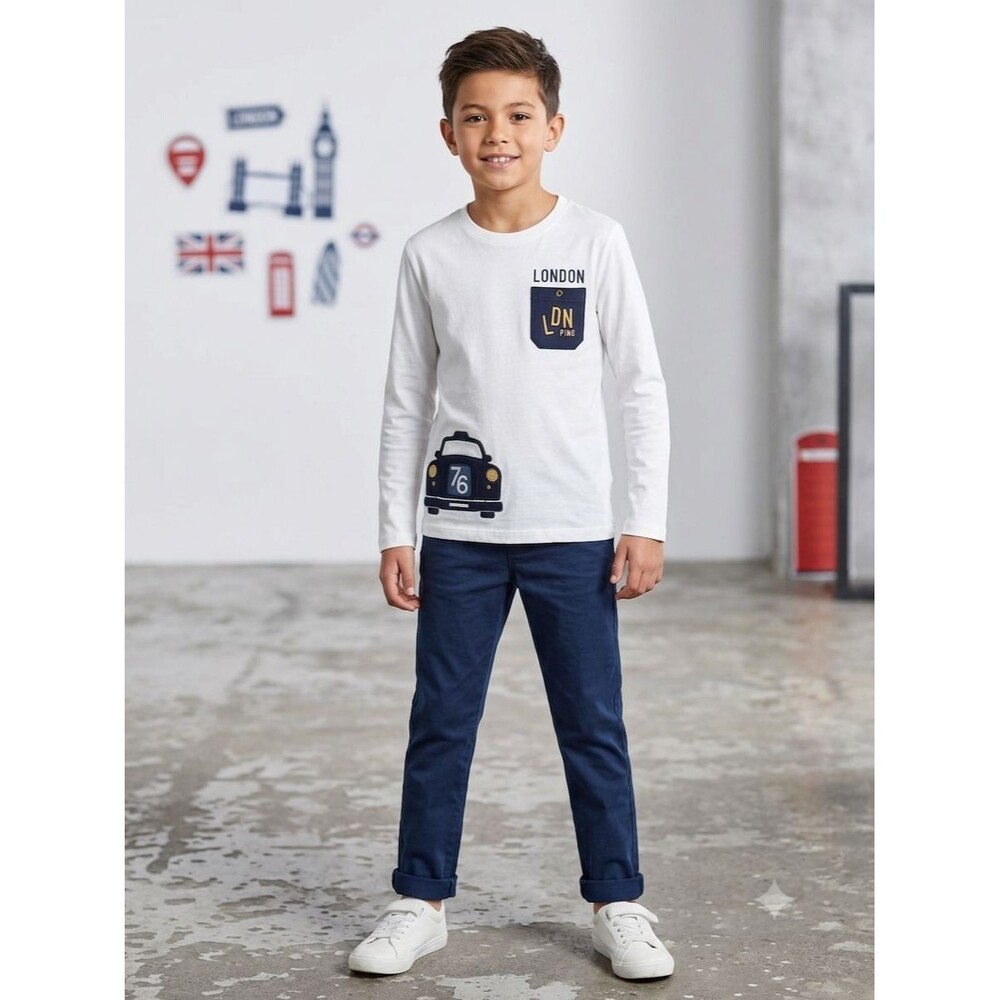 NWOT Primigi Boys White Blue Long Sleeve Taxi Graphic T-Shirt Top Size 10 140